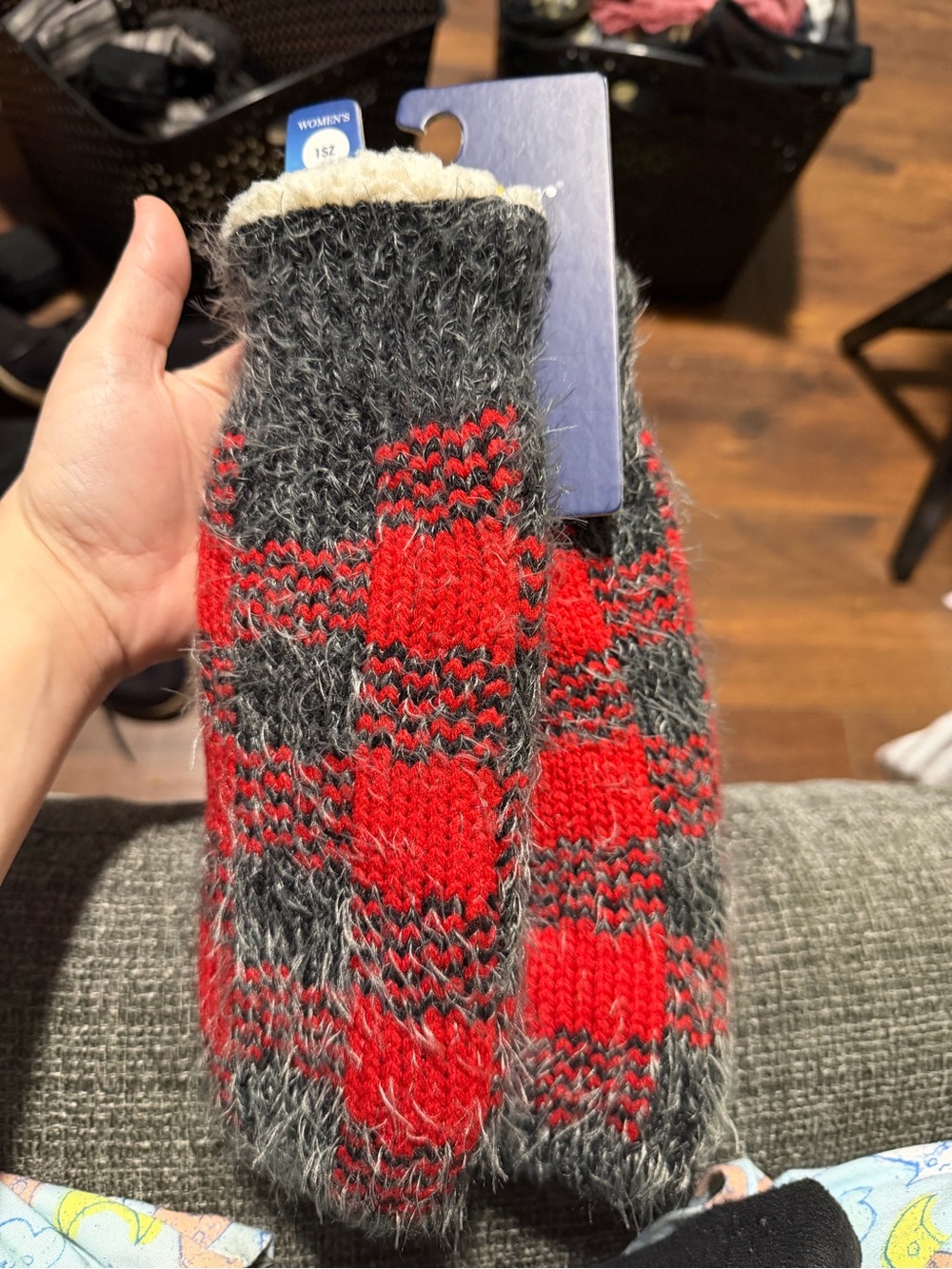Cozy Red & Gray Plaid Knit women gloves- Insulated Lining